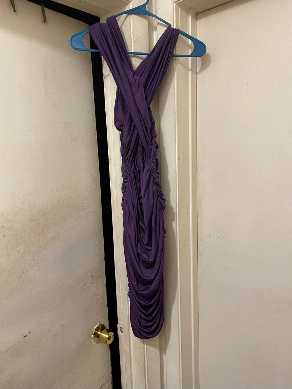 Women’s Purple Ruched Bodycon Midi Dress Criss Cross Open Back Size M